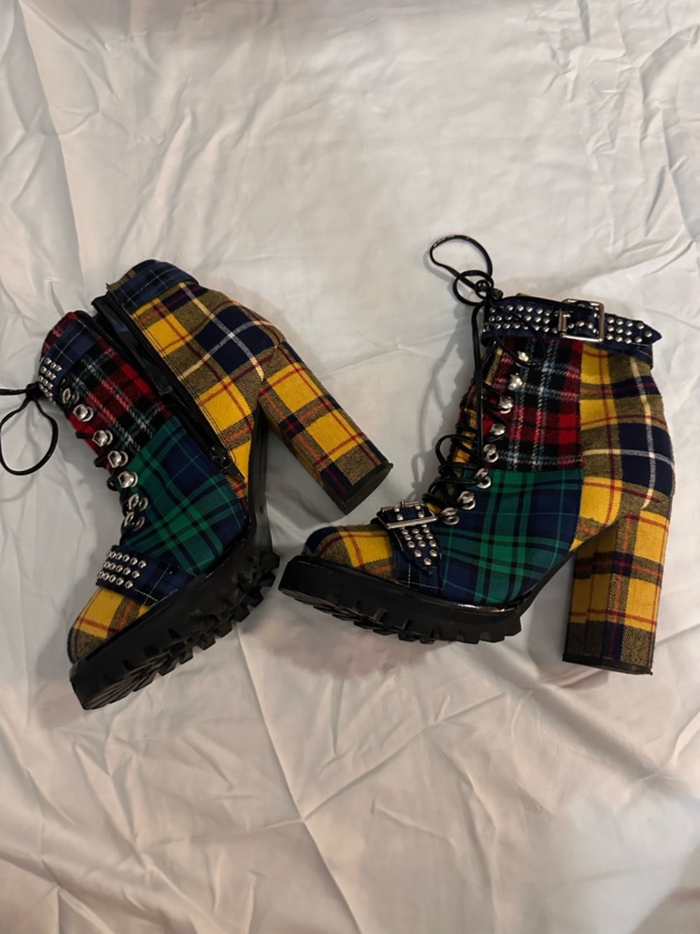 Jeffrey Campbell Plaid Studded Lace-Up Block Heel Boots - Yellow/Green/Blue - Picture 7 of 10